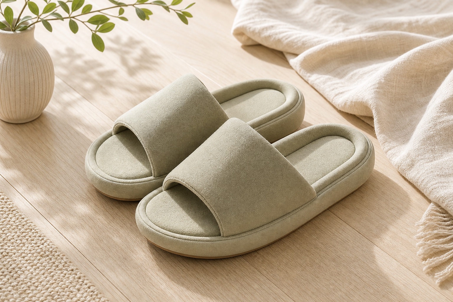 A pair of cushioned house slides showing a rounded toe bed, plush strap, and thick sole
